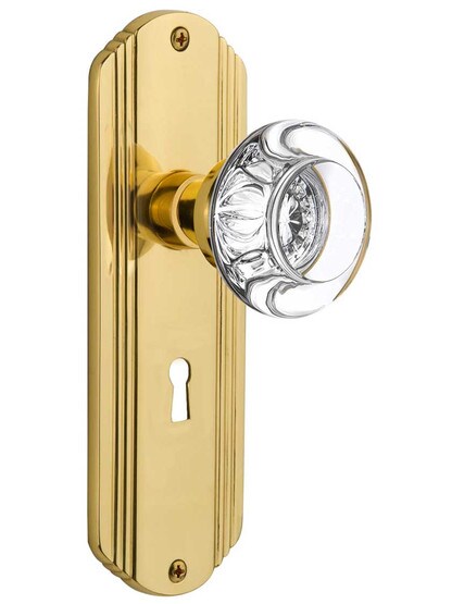 Streamline Deco Door Set with Round Crystal Glass Knobs and Keyhole in Un-Lacquered Brass.